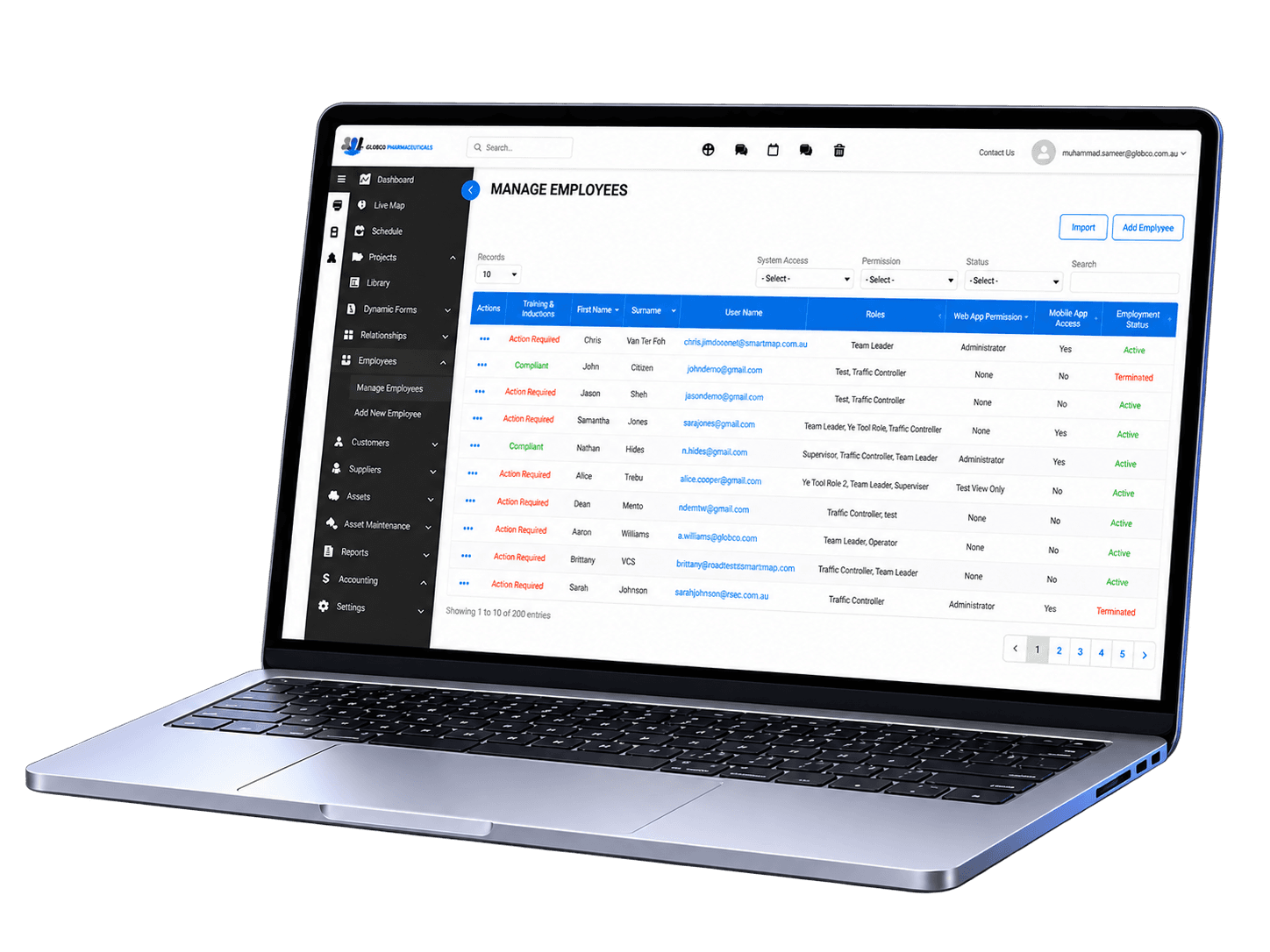 Laptop showing the Mobile Team Manager employee management dashboard